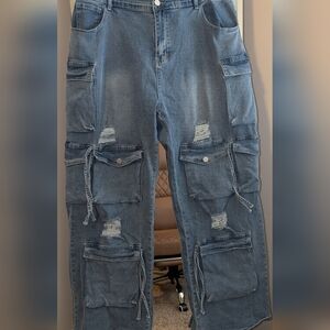 Women's Blue Distressed Wide Leg Jeans